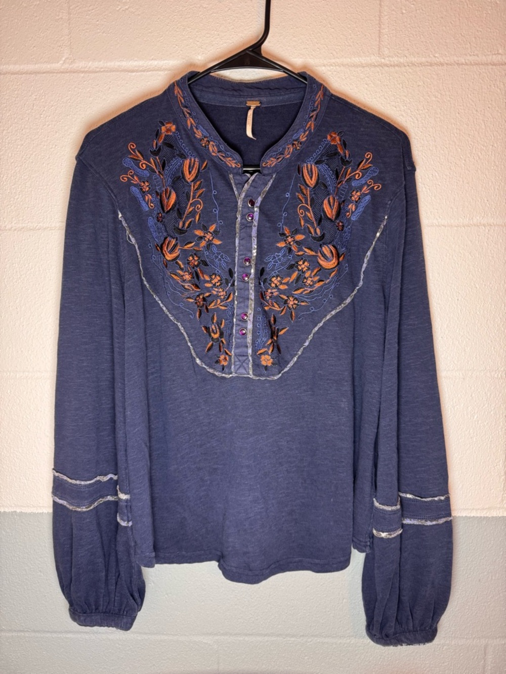 Free People Navy Embroidered Long-Sleeve Tunic